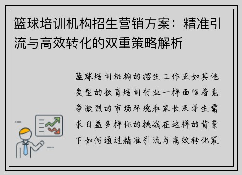 篮球培训机构招生营销方案：精准引流与高效转化的双重策略解析